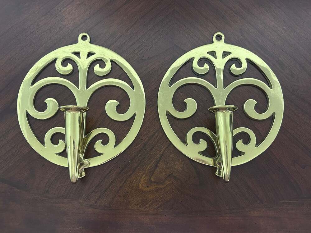 Set of 2 Vintage Virginia Metalcrafters Solid Brass Wall Sconces No. 16-1